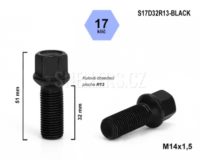 Obrázok produktu pre Skrutka kolesa M14x1,5x32 guľa R13, kľúč 17, S17D32R13-BLACK, čierna, výška 51 mm