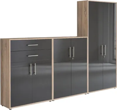 Produktbild von Aktenschrank TABOR 55 in Eiche Sonoma / anthrazit Hochglanz, Schrankwand, Büroschrank, abschließbar, Metallgriffe