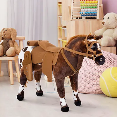 Produktbild von Sweiko Reitpferd Spielpferd zum Reiten Stehpferd mit Sattel, Sound, Steigbügel Plüschpferd für Kinder ab 2 Jahren Braun