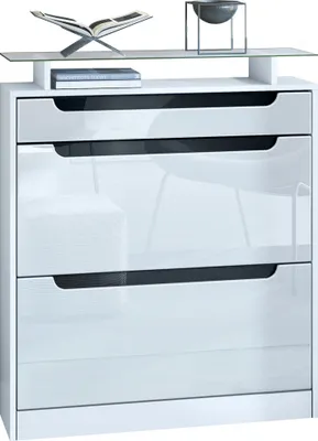 A white shoe cabinet with black accents is shown against a white background.