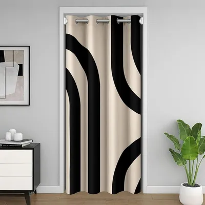 Obrázek produktu pro Záclona na dveře, proužkovaná, černá a béžová, mikrovlákno, rozměry 132x203 cm