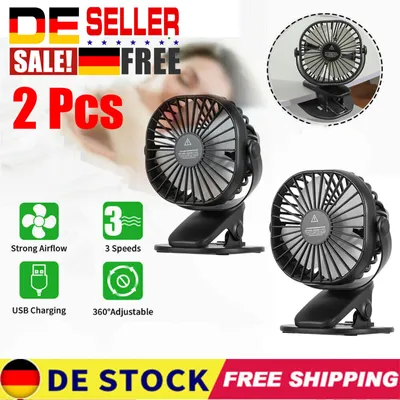 Produktbild von 2Pcs USB Tischventilator Mini Clip Fan mit Batterie Tisch Lüfter Ventilator Schwarz
