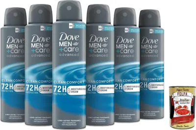 Produktbild von Dove Deodorant Dove Men + Care Clean Comfort Spray Advanced Care, Deo für Männer,mit 1/4 Feuchtigkeitscreme, hautfreundliche Formel, 72 Stunden, 6x 150ml + Italian Gourmet polpa 400g