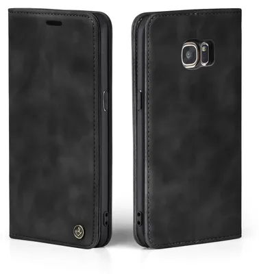A black flip cover case for a Samsung Galaxy S7 phone is shown from two angles.