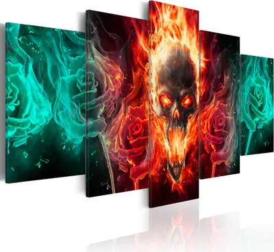 Produktbild von Leinwandbilder 200x100 cm a-A-0108-b-o Vlies Leinwandbild 5 tlg Kunstdruck modern Wandbilder XXL Wanddekoration Design Wand Bild TOTENKOPF FEUER BLUMEN ROSE ABSTRAKT