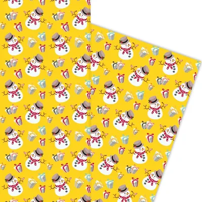 Produktbild von Lustiges Weihnachts Geschenkpapier mit Schneemännern und Geschenken, gelb - G5978, 32 x 48cm