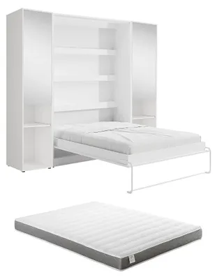Produktbild von Vertikales Schrankbett 140 x 200 cm - 2 Aufbewahrungssäulen - Mit Spiegel und LEDs - Weiß + Matratze - RAPILI