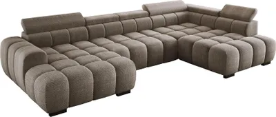 Obrázok produktu pre DomoHome Moderná veľká rohová sedačka v tvare U Látka EDEN Camel Pravá strana 393 × 205 × 97 cm - Nastaviteľné opierky hlavy, možnosť spania, minimalistický kubistický dizajn