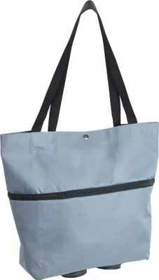 A gray shopping trolley bag with black handles and a black zippered compartment.