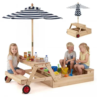 Produktbild von 2-in-1 Sandkasten und Picknicktisch aus Holz mit Sonnenschirm, Blau