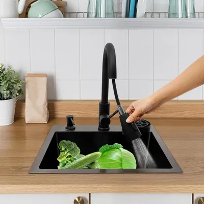 Produktbild von Küchenspüle - Einzelbecken 45x40 cm - Edelstahl - Mit Armatur - 3 Löcher - Rechteckig - Auf-, flächenbündig oder Unterbau - Schwarz
