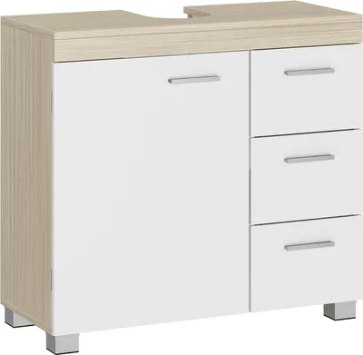 Obrázok produktu pre Skrinka pod umývadlo Rootz - toaletná skrinka - úložný priestor do kúpeľne - 3 veľké zásuvky - bielo-hnedá - MDF - 30 x 70 x 64 cm