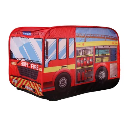 A red toy fire truck tent against a white background.