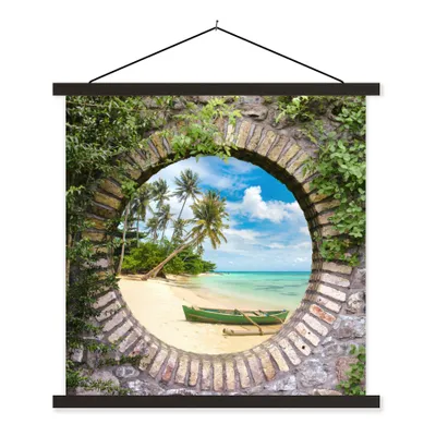 Produktbild von MuchoWow® Textilposter Strand - Palme - Aussicht - Kanu 90x90 cm mit schwarzem Rahmen - Magnetisches