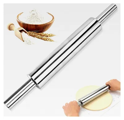 Produktbild von Edelstahl-Nudelholz – Antihaft Teigroller mit Griff, drehbar für Fondant, Pizza, Nudelteig, Brot und Kuchen, robustes Backzubehör für müheloses Ausrollen von Teig