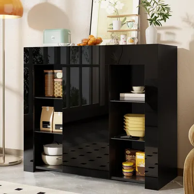 Zdjęcie produktu dla Kredens Merax z frontem o wysokim połysku i szklanymi półkami, nowoczesny czarny bufet, kompaktowe przechowywanie 95×35×83 cm do salonu, jadalni, czarny