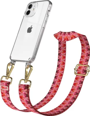 Produktbild von EAZY CASE Handykette - Verstellbarer Trageriemen kompatibel mit Apple iPhone 12 Mini, Handykordel mit transparenter Silikon-Hülle, Karabiner Gold, ZickZack Style, Band in Lila