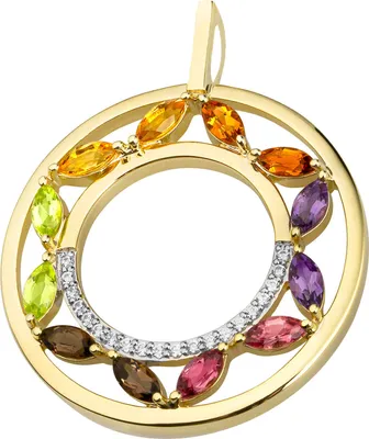 Produktbild von Anhänger Kreis Ø 28,6mm aus 585 Gelbgold 12 bunte Edelsteine 20 Diamanten