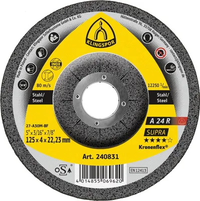 Zdjęcie produktu dla Tarcze szlifierskie Klingspor A 24 R, 125 x 4 x 22,23 mm z korbą 10 szt