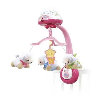 Produktbild von VTech Baby Mobile Lumi, Pink, Schaf-Design, Kunststoff, 195x45x140 mm (BxTxH), mit Melodien, beruhigenden Klängen, sanfter Beleuchtung, drehenden Hängespielzeugen, Lautstärkeregelung, Timer, Fernbedienung, ab Geburt, für Bettchen & Kinderwagen, tragbar