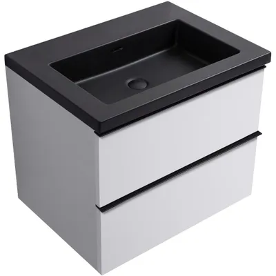 Immagine prodotto di CERANO - Mobile da bagno Velora - bianco opaco, maniglia nera + lavabo in marmo lit. Ovo - nero opaco - 70,5x58x46,5 cm