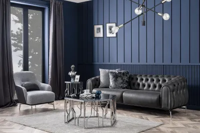 Zdjęcie produktu dla Zestaw Chesterfield sofa 4 osobowa fotel 4 osobowy sztuczna skóra czarny