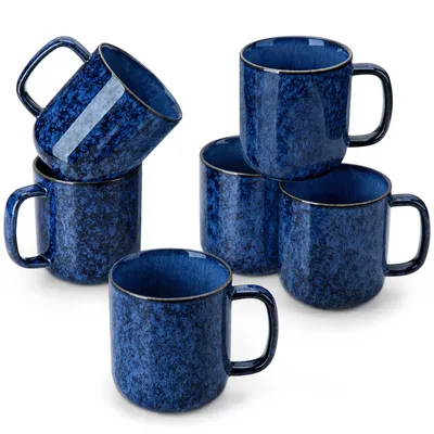 Produktbild von VANCASSO Becher Set, 6-tlg Steingut Tassen, 420ml Trinkbecher, Kaffeebecher mit Henkel, Blau