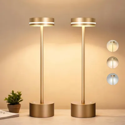 Produktbild von 2er LED Tischleuchte, 1800mAh Kabellose Dimmbare Tischlampe, Touch, Wiederaufladbar, 3 Farbtemperaturen, Nachttischlampe, Augenschutz Nachtlicht, Gold