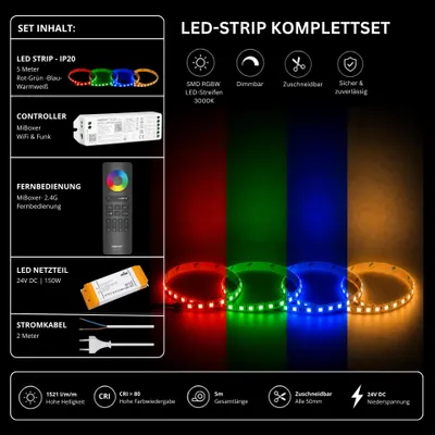 Produktbild von LED Streifen Set RGBW – SMD LED Streifen 24V, 4-in-1, 19,2 W/m, 5m, RGB + Warmweiß 3000K – SS150 Netzteil, WL5 WiFi Controller und C5 Fernbedienung Schwarz
