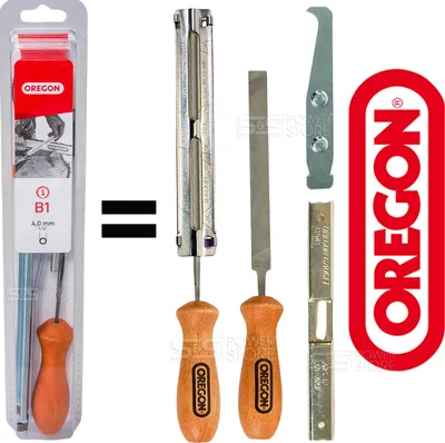 A set of Oregon chainsaw sharpening tools laid out on a white background.
