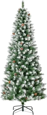 Zdjęcie produktu dla Sztuczne drzewko świąteczne Moonbite, 180 cm, z pokrytymi śniegiem końcówkami gałęzi, 630 gałęziami i 37 szyszkami. Metalowa konstrukcja, odporna na ogień. Smukła choinka, kolor zielono-biały