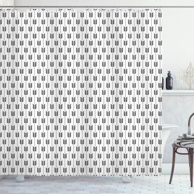 Obrázok produktu pre ABAKUHAUS Čierno-biela sprchová záves, geometrická kompozícia s bodkami a listami Monochromatický dizajn, 175 x 200 cm, biela a čierna