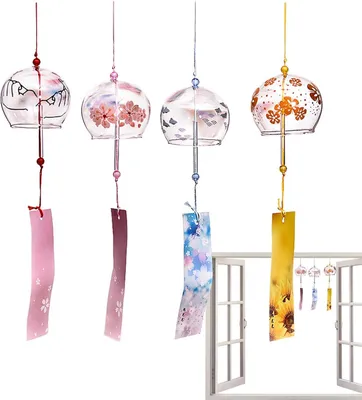 Produktbild von Set mit 4 Garten-Windspielen, japanischen Glasglocken, Anhänger im japanischen Stil für den Innen- und Außenbereich, Gartendekoration, Geburtstagsgeschenk