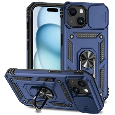 Obrázek produktu pro Pouzdro pro iPhone 15 dvouvrstvé pouzdro s posuvným krytem kamery a prstencovým stojánkem modré