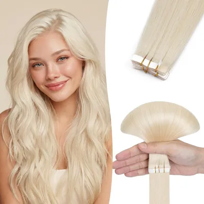 Image de Omgoods - Extensions à ruban adhésif, 10 pièces, 35 cm, blond platine - Aspect naturel