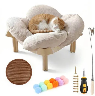 Productafbeelding van Verhoogd kattenbed bloemenvorm - stabiele houten kattenbank - zachte huisdierbank - ideaal voor slapen en spelen - m-winkel