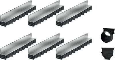 A set of drainage channels and accessories arranged on a white background.