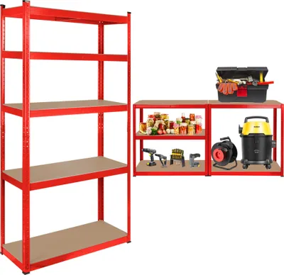 A collage of shelving units and various items stored on them.
