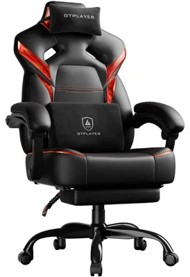 Obrázek produktu pro Herní židle – ergonomická kancelářská židle s podnožkou – nosnost 200 kg – výškově nastavitelná a otočná – nastavitelné područky – bederní a opěrka hlavy – červená