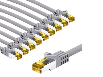 Immagine prodotto di Cavo patch RJ45 CAT 6A S/FTP (PiMF), 500 MHz con cavo grezzo CAT 7, 5 m, grigio, set da 10, 5 m - Rivestimento del cavo privo di alogeni LSZH, connettore RJ45 (CAT 6A), CU