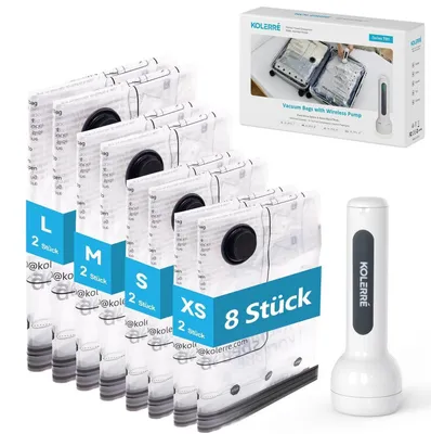 Image de Sacs de rangement sous vide pour vêtements, avec pompe à vide sans fil, lot de 8 pièces en 4 tailles différentes, réutilisables