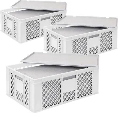 Produktbild von 3x Thermoboxen in Stapelkorb mit Deckel, LxBxH 600x400x240 mm, EPS, weiß