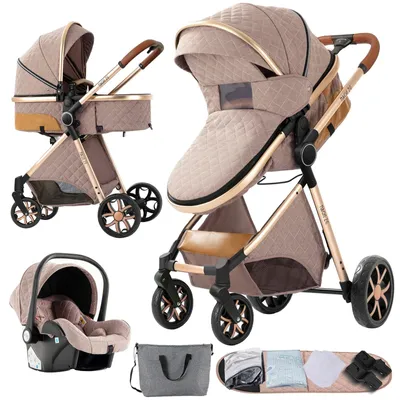 Zdjęcie produktu dla Wózek wielofunkcyjny 3 w 1 - wózek spacerowy - fotelik samochodowy - kołyska - wózek buggy - kolor beżowy piaskowy - lekka konstrukcja