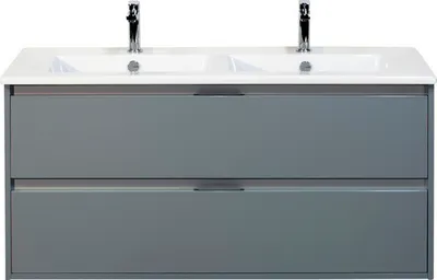 Produktbild von Sanox Badmöbel-Set Porto BxHxT 121 x 170 x 51 cm Frontfarbe eisgrün mit Doppel-Waschtisch Keramik weiß, Spiegel und Wasc