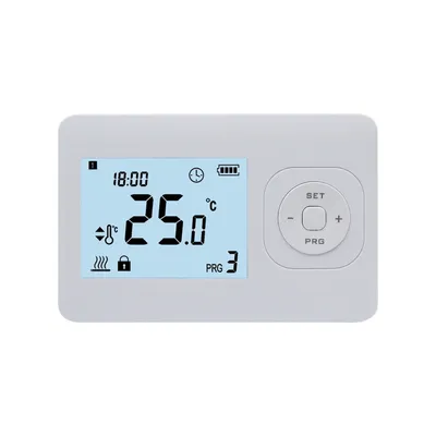 A digital thermostat on a white background.