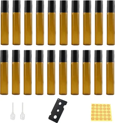 Produktbild von Zbssny Braune Roll-on Glasflaschen Set, 10ml, 20 Stück, mit Edelstahl-Roller für ätherische Öle, inkl. Aufkleber und Pipetten
