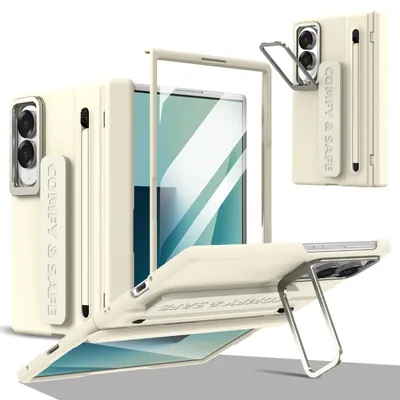 Obrázek produktu pro Pouzdro pro Samsung Galaxy Z Fold 8, s stojánkem, ochranou pantu, stylusem a poutkem, odolné PC Béžová