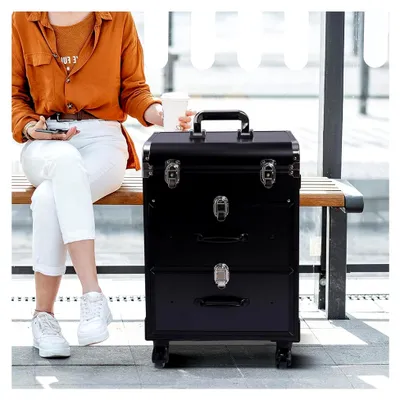 Produktbild von Kosmetikkoffer Trolley mit 2 Schubladen und 2 Schlössern, Friseurkoffer in der Größe 36x23x58cm, Schminkkoffer mit 360° drehbaren Rollen und großer Kapazität (Schwarz)