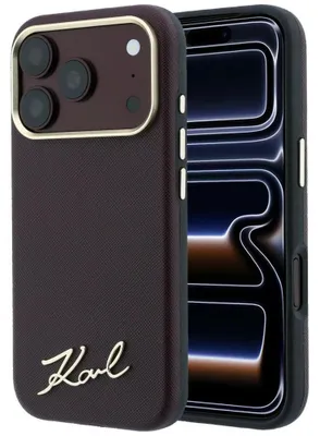 Image de Coque pour iPhone 18 Pro / 17 Pro, Karl Lagerfeld, motif Saffiano, logo métallique "Small Script", compatible MagSafe, couleur bordeaux