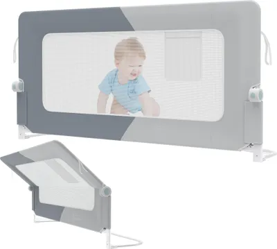 Produktbild von JOIEYOU Bettgitter 150cm Rausfallschutz Bett Höhenverstellbar Kinder Bettschutzgitter Zusammenklappbar um 180 Grad Babybettgitter Kinderbettschutzgitter für Kinderbett Elternbetten, Spleißen Grau